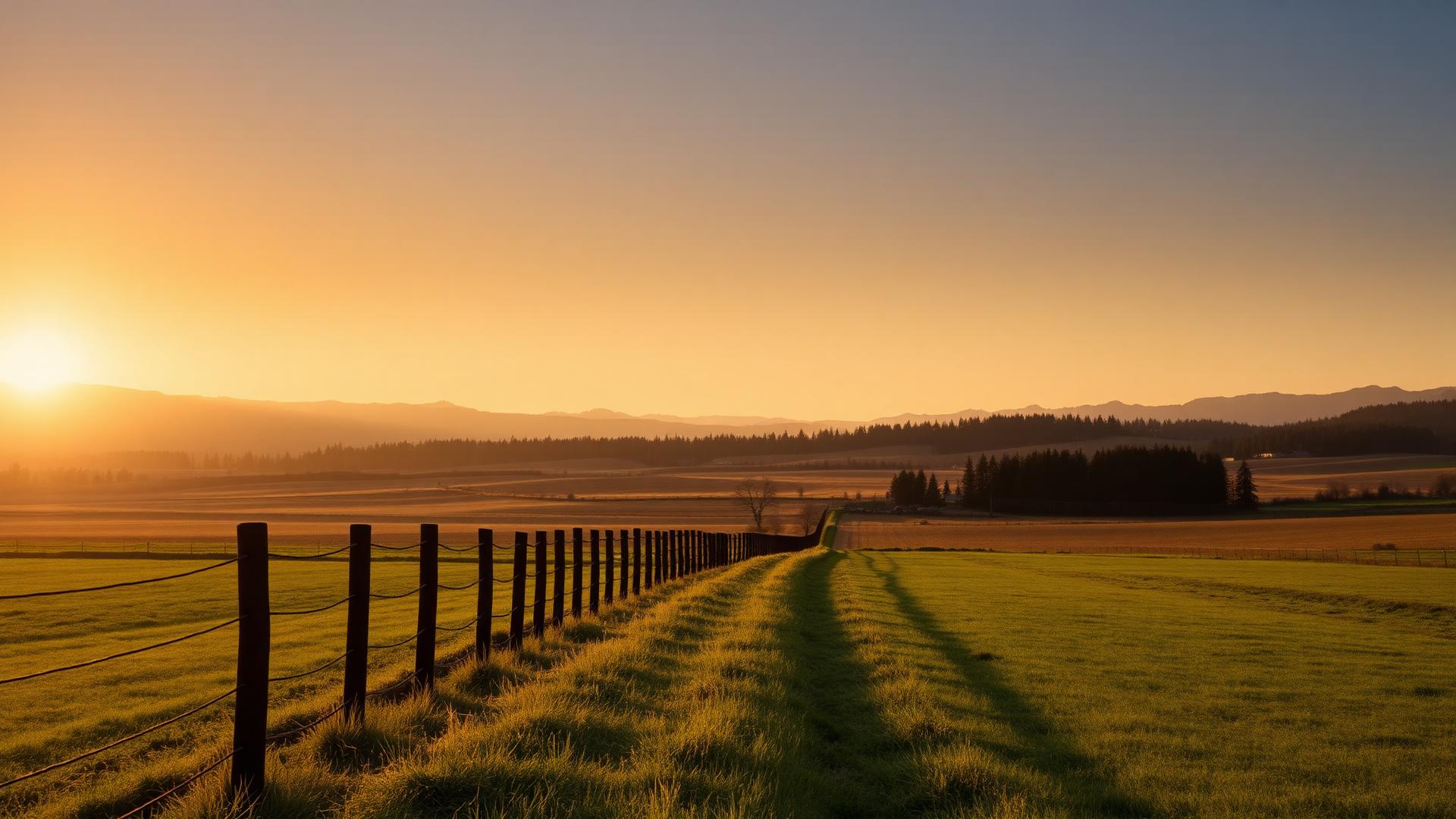 Long ranch fence at sunset across the Tualatin Valley near Hillsboro, Oregon